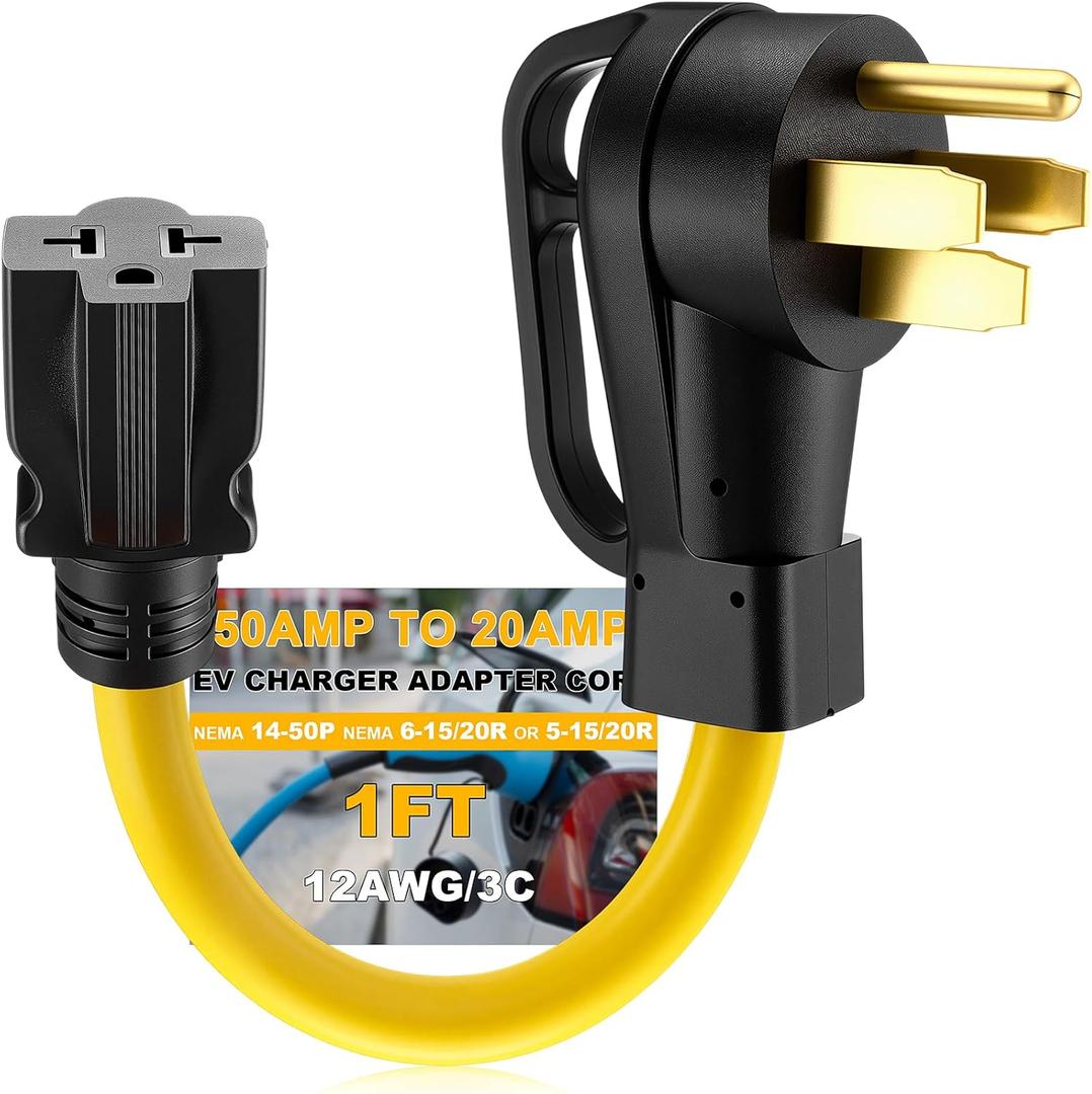 14-50P to 6-20/15R or 5-20/15R RV EV Adapter Cord Compatible With NEMA 50 Amp 4 Prong 240V to 20/15 Amp 3 Prong 240V 6-20/15R or 5-20/15R T Blade for EV Charger HVAC 12 AWG, 1FT