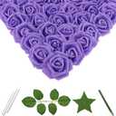 100 Pcs 3 Inch Artificial Flowers Bulk 5 in 1 Set Faux Foam Fake Rose Head Wedding Decoration Bridal Shower Centerpiece Arrangement Wall Table Decor DIY Craft (Purple)