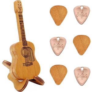 Wooden Guitar Pick Holder Box With Stand, Acoustic Guitar Pick Case With 6 Pcs Picks