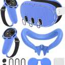 Silicone Cover Set Compatible with Meta/Oculus Quest 3 Accessories, Controller Grips, VR Shell Cover, Facial Interface Cover, Protective Lens Cover, Tempered Glass Lens Caps, Not Fit Quest 3S (Blue)