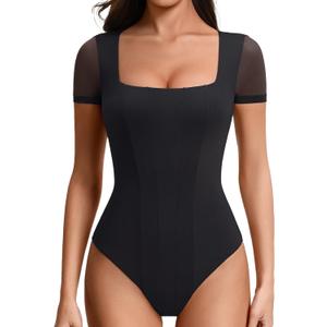 Avidlove Women's Short Sleeve Bodysuits Sexy Square Neck Body Suit Mesh Double Lined Tshirt Leotard Tops Going Out