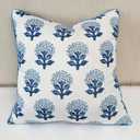 Blue Block Print Marigold 22x22 Throw Pillow Cover - Off-White Cushion Cover for Sofa Couch Living Room - Coastal Grandmillennial Farmhouse Decor - Babur Floral