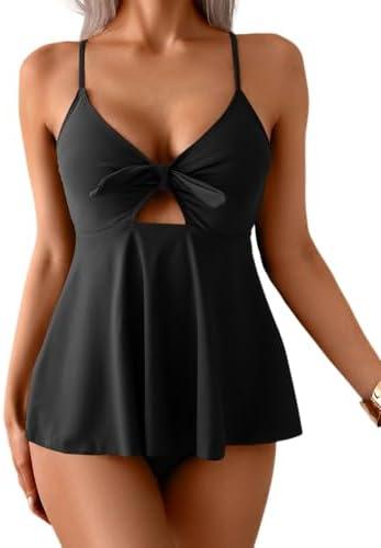 Eomenie Two Piece Tankini Swimsuits for Women Tummy Control Cutout Bathing Suit Tie Knot Flowy Swim Dress with Bottom L