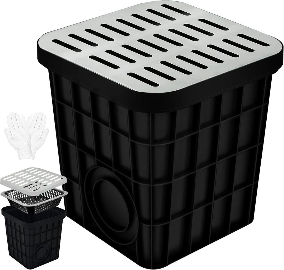 18x18x15 in Large Catch Basin with 304 Stainless Steel Grate,Catch Basin for Drainage with Debris Basket,French Drain Catch Basins Without Pre Drilled Holes are Suitable for Courtyards (18x18x15 in-A)