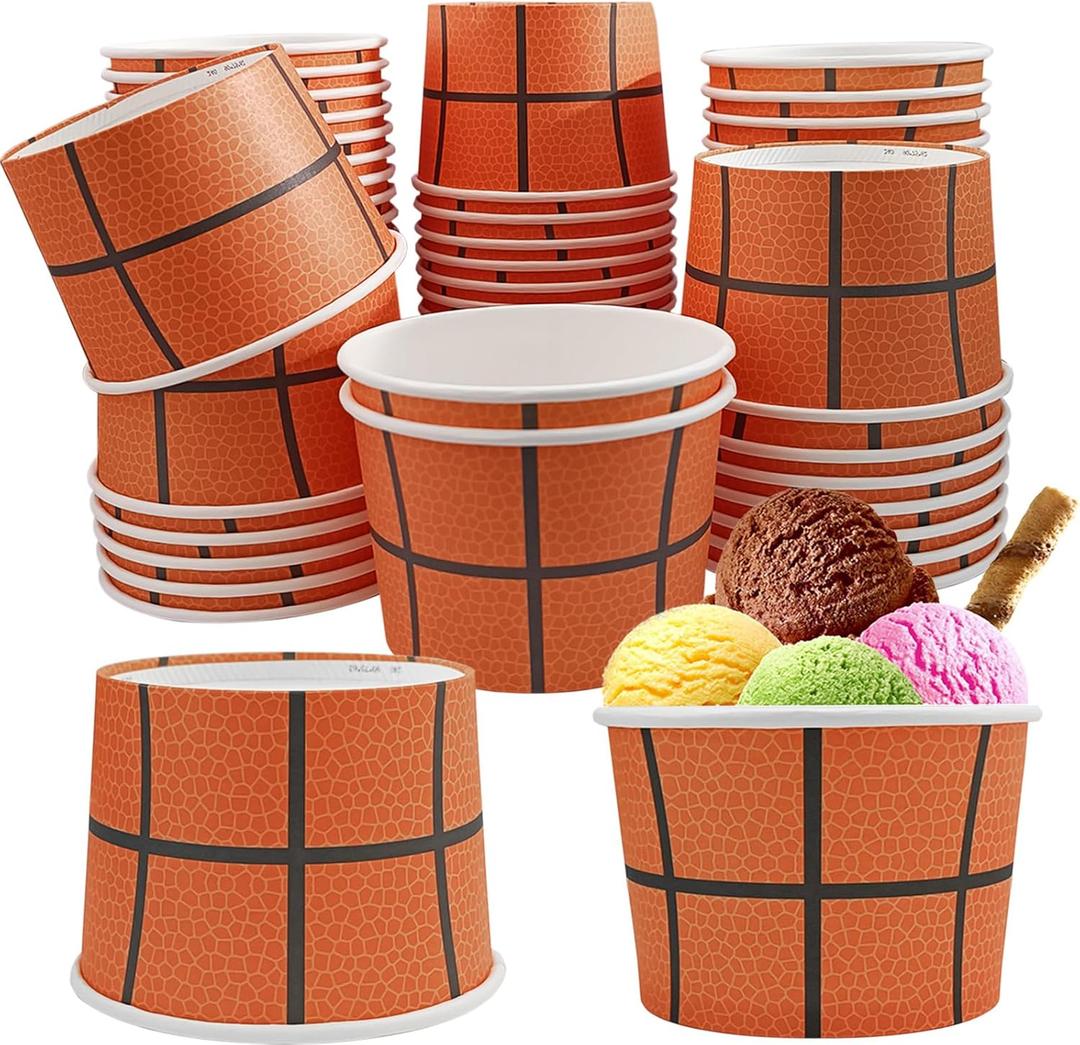 50 Pcs Basketball Paper Bowls, 9 OZ, Orange, Basketball Pattern, Disposable, Perfect for Ice Cream, Dessert, Snack, Various Occasions