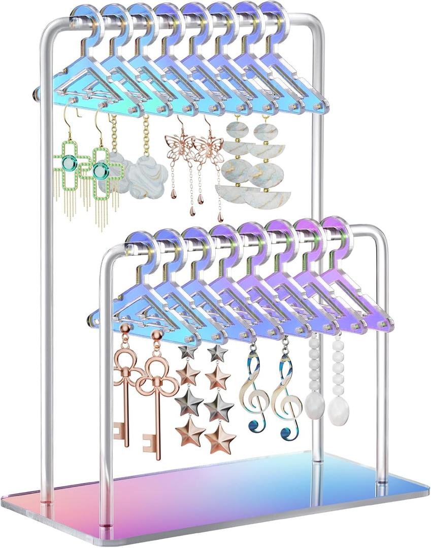 NiHome Acrylic Earring Holder with Unique Double-Tiered Design, Miniature Clothing Hangers with Spacious Storage for 48 Pairs, Mirror-Finish Display for Home Vanity & Retail Showrooms (Iridescent)