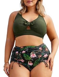 Hanna Nikole Plus Size Bathing Suit for Women Adjustable Spaghetti Straps Push Up Bikini Set Olive Green Floral18 Plus