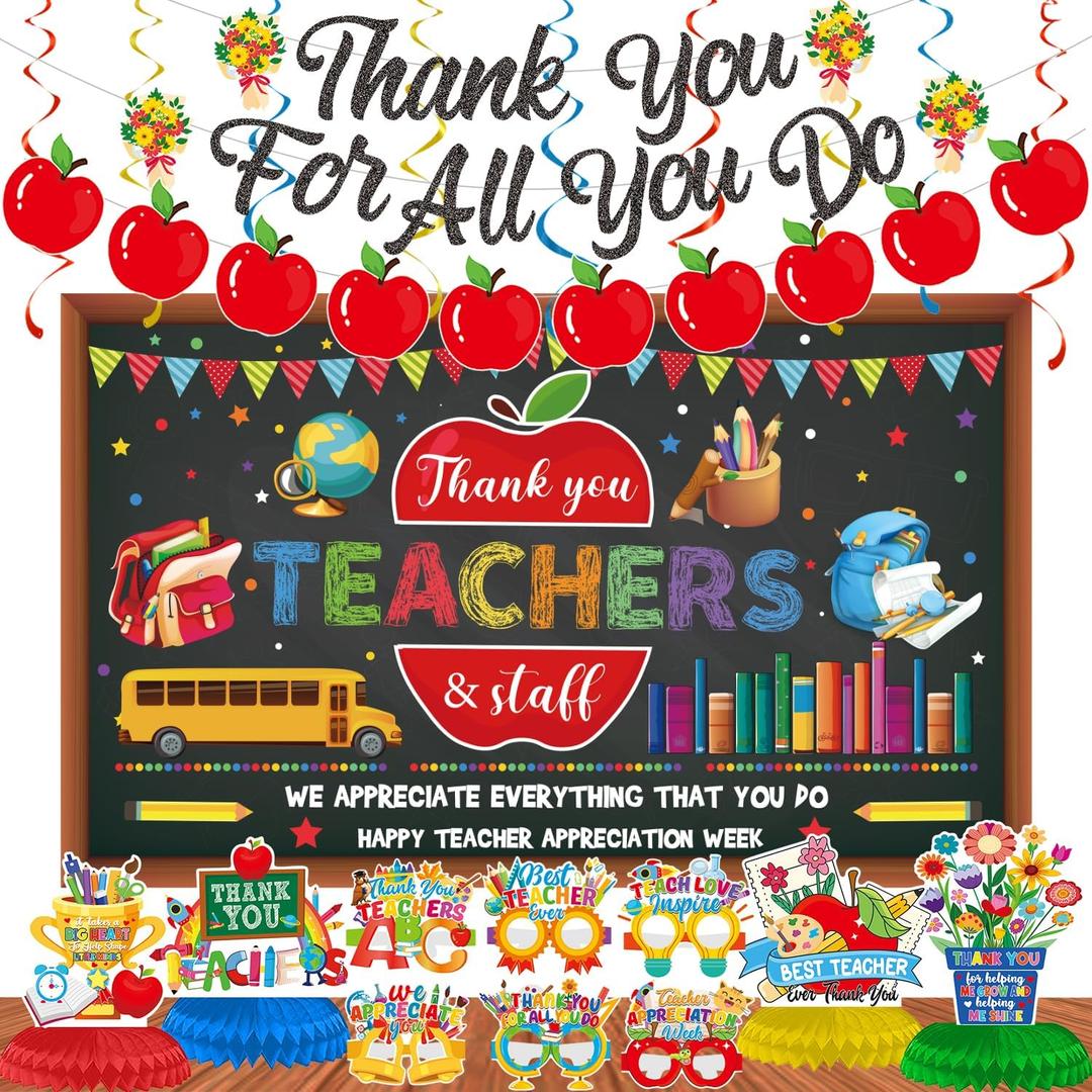 Teacher Appreciation Week Decorations Set, Thank You Teachers Staff Background, Thank You for All You Do Banner, School Classroom Decorations Hanging Swirl, Honeycomb Centerpieces, Paper Eyeglasses