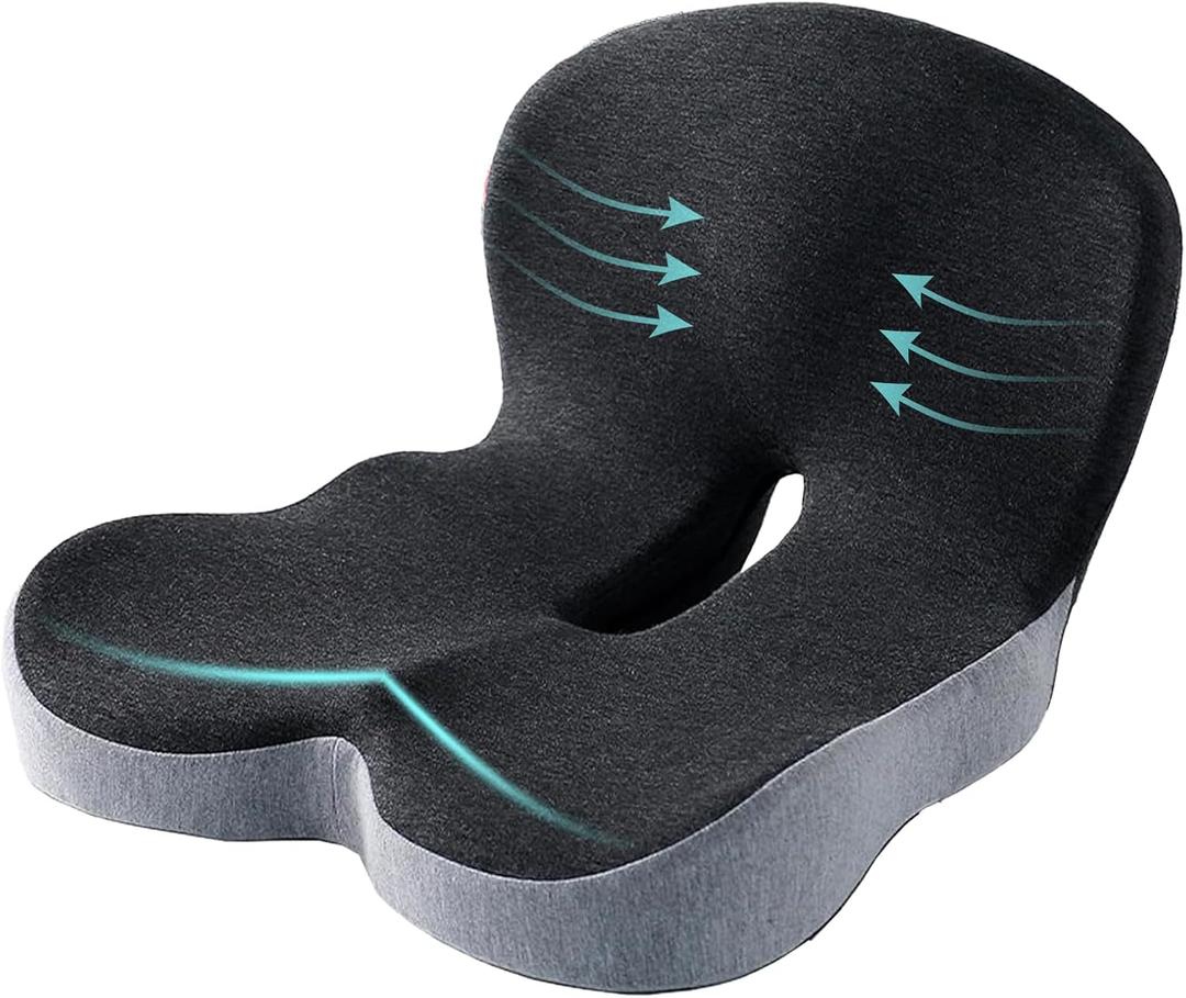 Ergonomic Memory Foam Seat Cushion for Truck Drivers Office Chairs Home Chair Cushion Car Desk Chair Non Slip Pad, Sciatica & Tailbone Pain Relief, Long Sitting Comfort Pad (Grey)