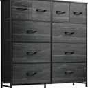 WLIVE Dresser for Bedroom with 10 Fabric Drawers, Tall Chest Organizer Units for Clothing, Closet, Storage Tower with Cabinet, Metal Frame, Wooden Top, Charcoal Black Wood Grain Print