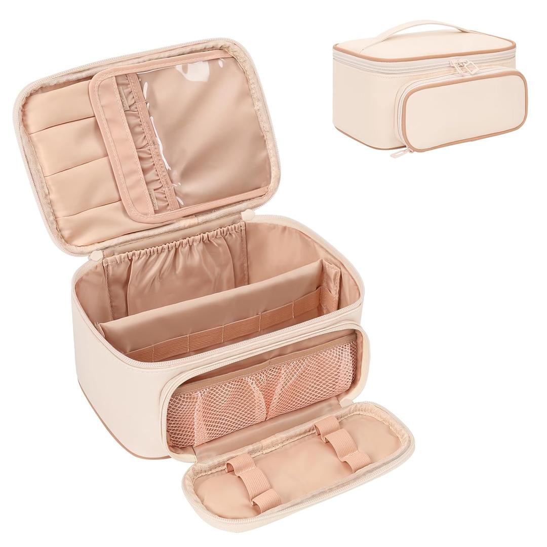 OCHEAL Makeup Bag, Multifunctional Make Up Bags Large Compact Makeup Bag Organizer Cosmetics Toiletry Brushes Storage Case for Women Girls Makeup Case with Handle Divider- Beige (0021_Beige with front pocket)