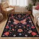 Lahome Black Floral 3x5 Washable Rug,Ultra Thin Bedroom Area Rugs for Dorm Entryway, Boho Butterfly Non Slip Bedside Rug,Stain Resistant Small Throw Carpet for Nursery Girls Kids Room