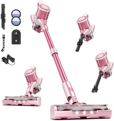 Vaconly Cordless Vacuum Cleaner, 38Kpa Powerful Stick Vacuum Cleaner with 45mins Rechargeable Battery, LED Anti-Tangle Brush, 8-in-1 Handheld Vacuum Cleaners for Home/Pet Hair/Carpets/Floors, Pink(No All Details)