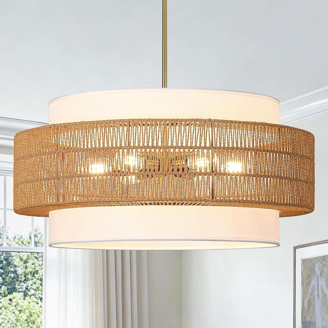 25.6" Rattan Chandelier for Dining Room, 6-Light Boho Pendant Hanging Light