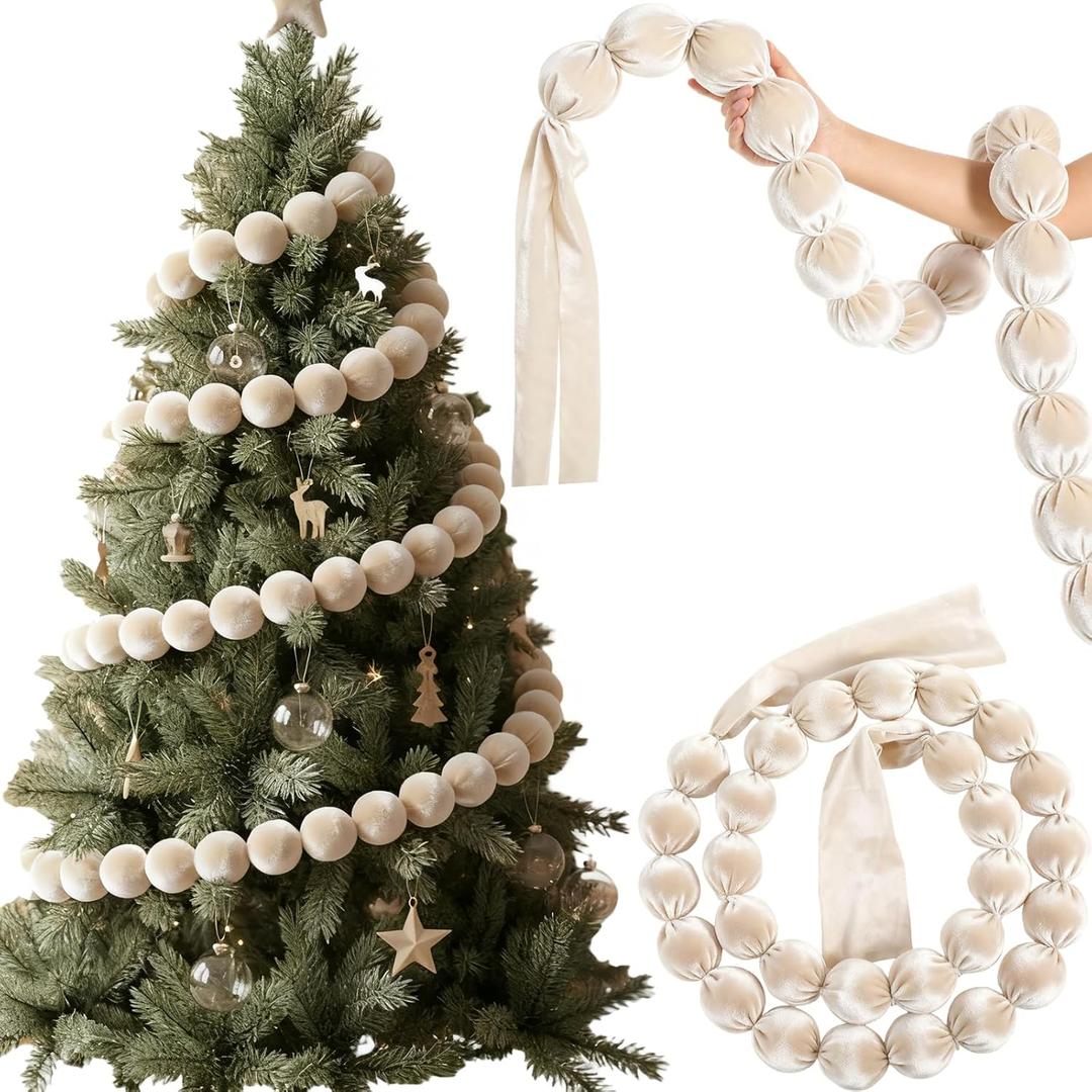 Suncalla 9 ft Extra Large Christmas Velvet Ball Garland Christmas Ornament 2.8 Inch Beads Xmas Hanging Ball Garland Decor for Tree Fireplace Mantel Holiday Party Indoor Outdoor(White)