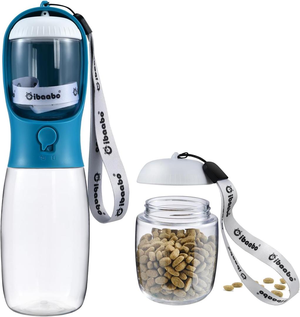 Dog Water Bottle with Food Container, Travel Puppy Water Bowl, Portable Pet Dispenser, Dog Stuff Accessories Items, Puppy Essentials Necessities for Yorkie Chihuahua Cat Walking and Hiking (19oz, #02 Indigo)