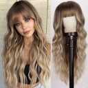 Lativ Blonde Wig With Bangs Long Wavy Curly Ombre Wig with Dark Root Synthetic Heat Resistant Wigs for Women Daily Party Use 26 Inches (Dark Blonde)