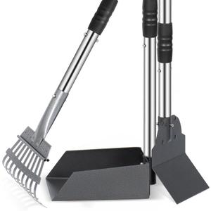 Heeyoo Dog Pooper Scooper, Dog Poop Tray and Rake Set, Pet Waste Removal Scoop with Long Adjustable Sectional Stainless Handles (Silver/Black)