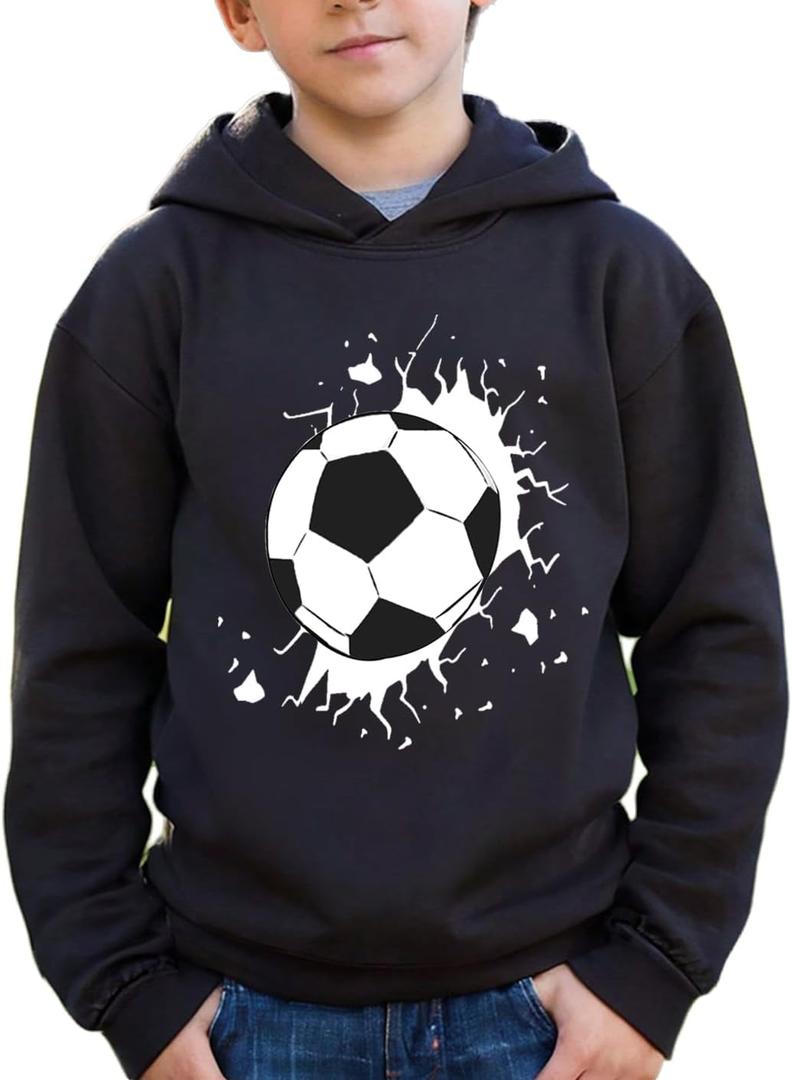 NEW 8-14Y Boys Soccer Hoodie Graphic Pullover Sweatshirt for Sports Fans (12 Years, Black)