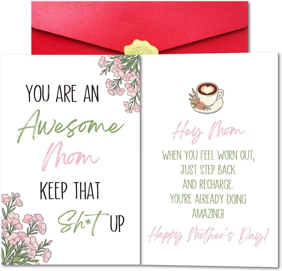 Funny Double-Sided Mother's Day Card for Mom, Awesome Mom Card from Son Daughter with Red Envelope and Sticker