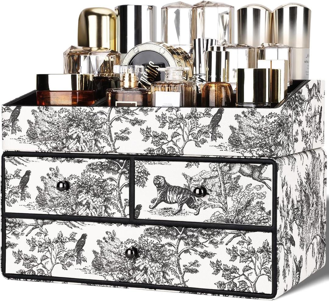 GORESE Leather Makeup Organizer with 3 Drawers for Vanity, Stackable Skincare Holder Dresser Organizer Countertop, Make Up Storage Organizers Counter Cosmetic Display Case Gift for Women(Retro Black)
