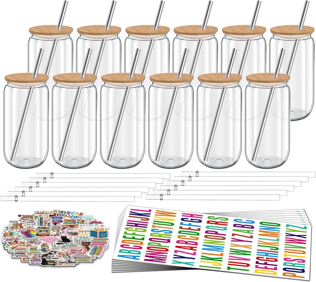 16 oz Clear Plastic Cups Reusable with Bamboo Lids and Straws & DIY Sticker, 12Pack Acrylic Mason Jars Iced Coffee Drinking Glasses Cup for Park Picnic, Poolside, Party Giveaways