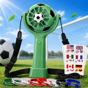 2 x Handheld Fan Kit with Soccer Stickers & Wristbands, Portable Summer Fan | Fun summer gift set with green portable fan, 24 soccer stickers & 8 silicone wristbands for fans, kids, parties and outdoor