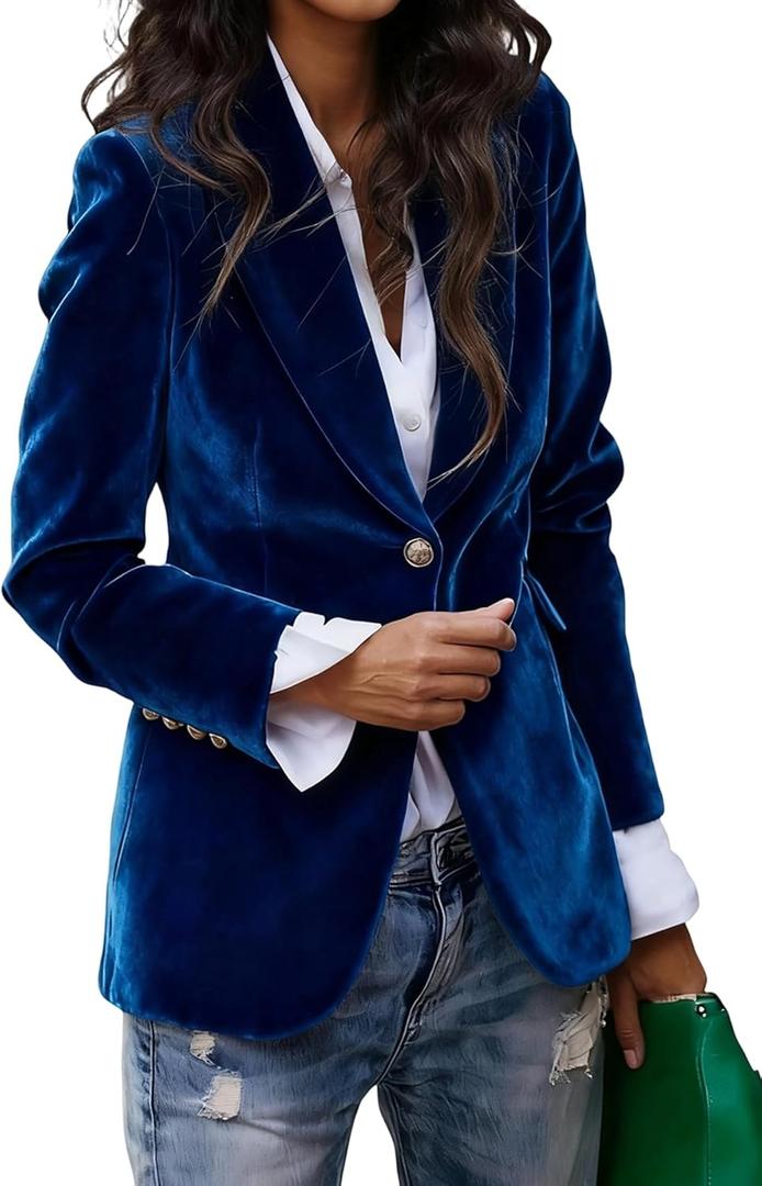 LKOUS Velvet Blazer Women Casual Long Sleeve Lapel Collar Button Blazer Jackets for Business Office (Large, Navy Blue)