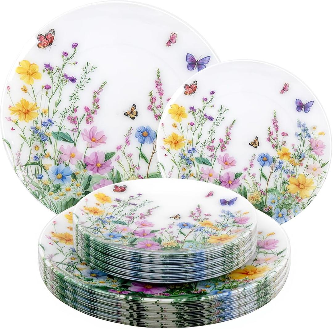 bUCLA 24-Piece Floral Plastic Plates - Cosmos Print Disposable - Include 12 Each (10.25 inch Dinner & 7.5 inch Dessert) Plates for Catering, Party, Spring Gatherings