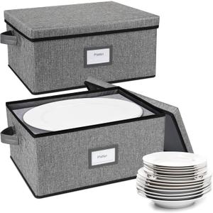 Platter Storage Case（2-Pack）,Stackable Plate Storage Containers, 17“ x 13” x 8.2” China Storage Containers Hard Shell with 6 Felt Dividers, Linen Grey