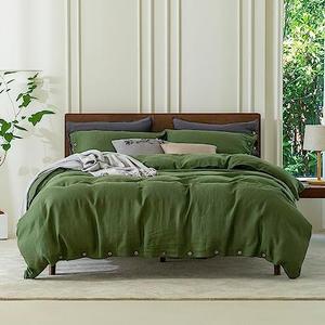EVERLY 100% Pure Linen Duvet Cover Set King Size104X90Inch 1pcsSoft and Breathable for All Season with Coconut Button Closure, Suitable for Hot Sleepers-Mossy Green