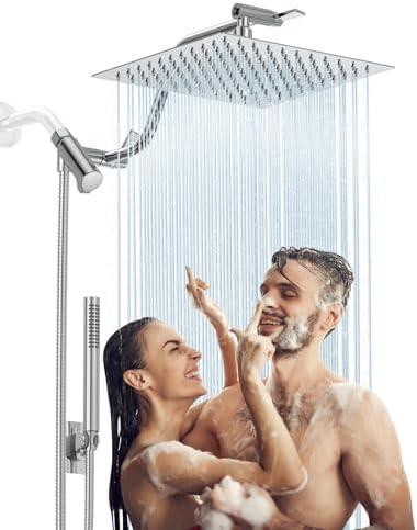 HOPOPRO 10” All Metal Rainfall Shower Head Combo with Handheld Spray, High Pressure Showerhead Combination, Adjustable Dual Showerheads with Extension Arm, Full-Body Coverage Shower Experience, Silver