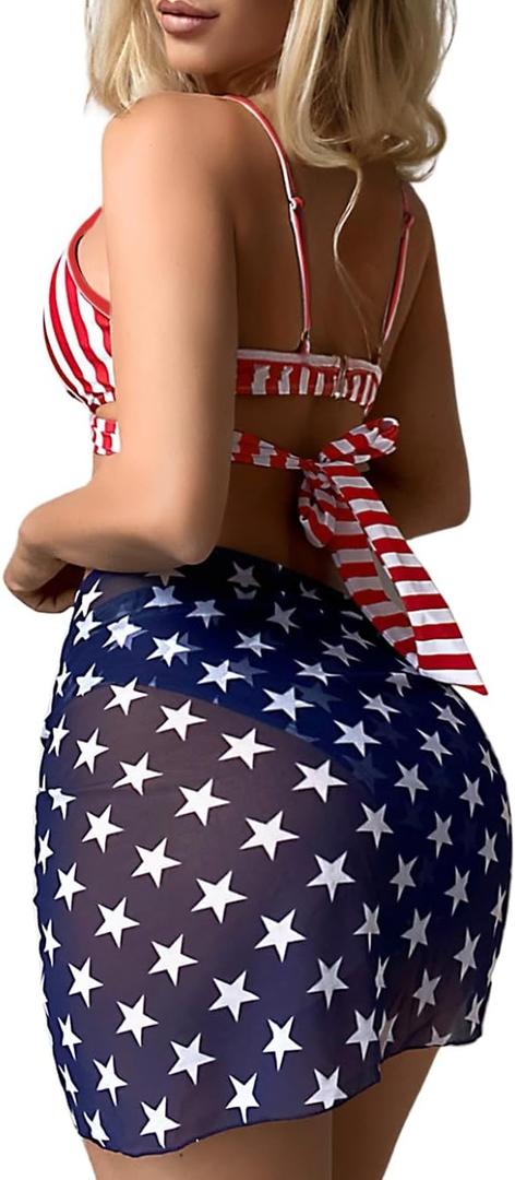 Women Sexy 3Pcs American Flag Bikini Set, 4th of July Patriotic Swimsuit, July Fourth Red White and Blue Bathing Suit (Small)