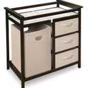 Badger Basket Modern Baby Changing Table for Nursery - Diaper Changing Station with Laundry Hamper, 3 Storage Drawers, Changing Pad, and Safety Belt - Espresso and Ecru