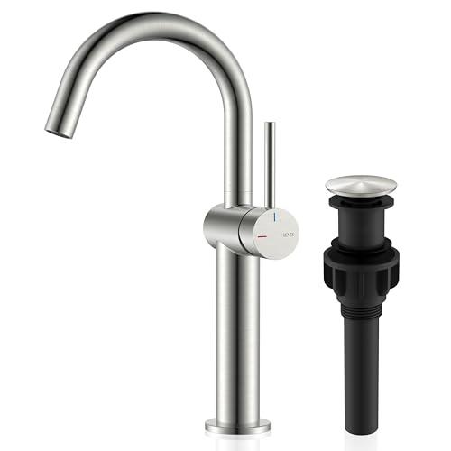 KENES Brushed Nickel Vessel Sink Faucet, Single Handle Tall Bathroom Faucet Single Hole, Modern Bathroom Vanity Faucet with Pop Up Drain and Supply Lines, KE-9005C