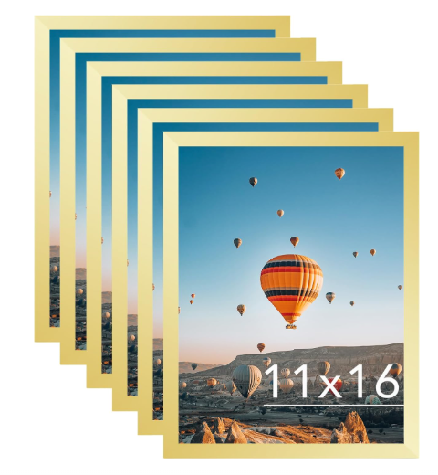 11x16 Gold Picture Frame Set of 6, Horizontal and Vertical Formats for Wall Hanging, 11 x 16 Wall Gallery Poster Photo Frames with Durable Shatter Resistant Plexiglass, 6 Pack, Gold