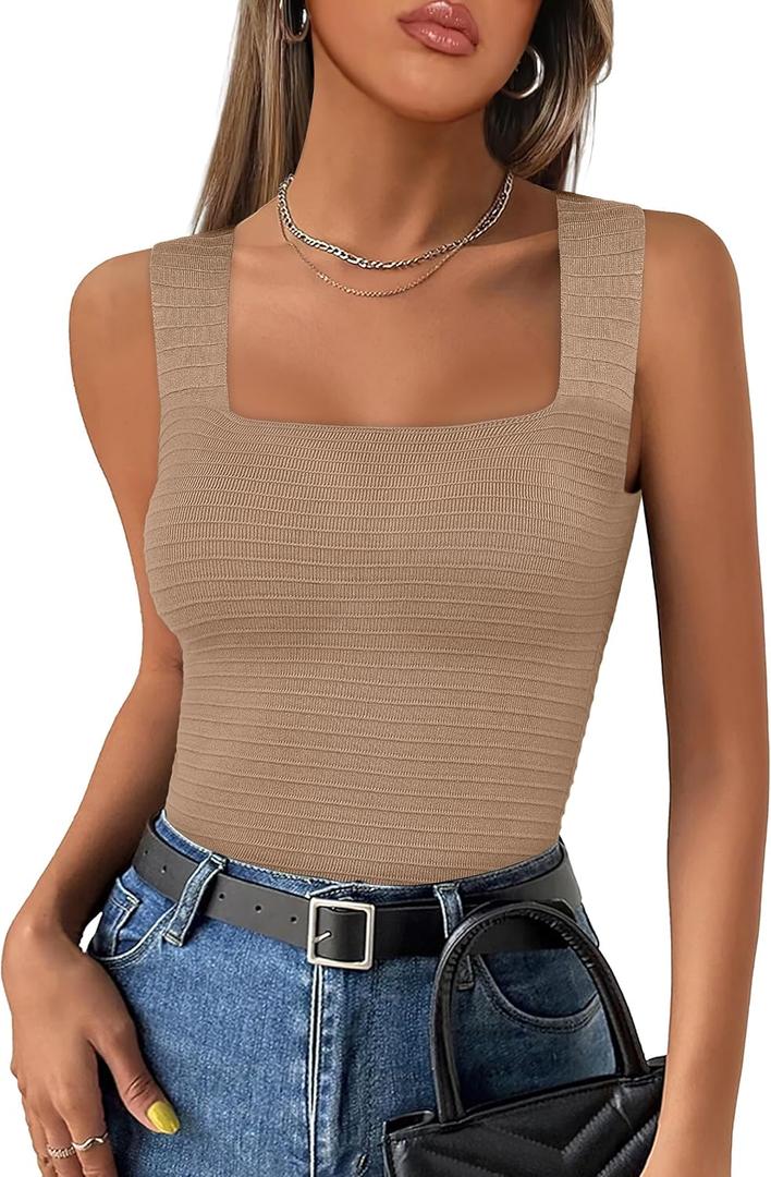 ANRABESS Tank Tops for Women 2025 Summer Square Neck Rib Knit Sleeveless Basic Slim Fit Shirts Casual Top Trendy Outfits (Large, Khaki)