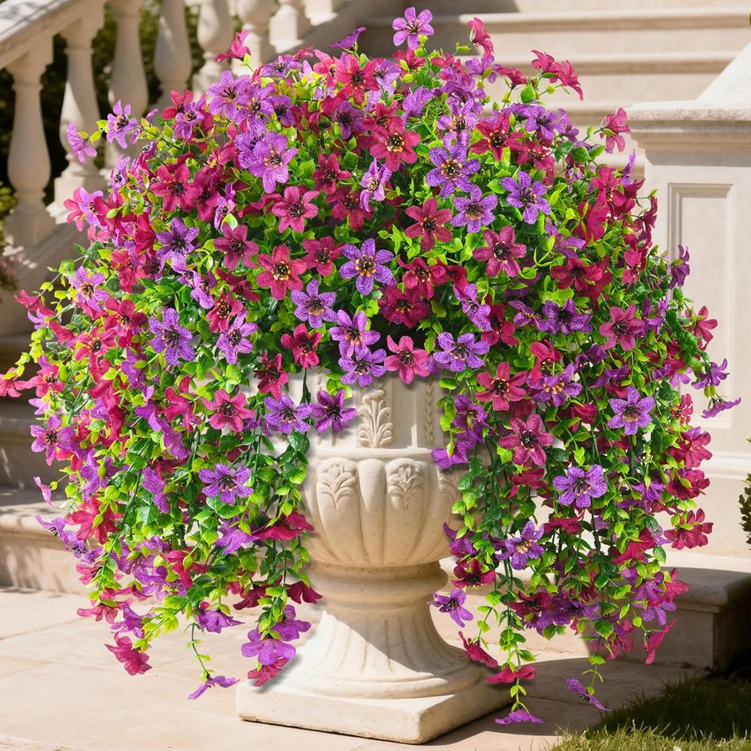 Artificial Flowers for Outdoors Faux Hanging Plants Spring Summer Decoration, 2 Pcs Fake Silk Floral Realistic Outside Flowers UV Resistant No Fade for Planter Pot Porch Patio Window Yard Decor