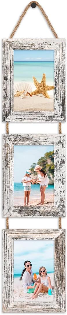 QUTREY 4x6 Picture Frames Collage, 3 Openings 4 x 6 Vertical Hanging Photo Frames Display 4 by 6 inch Pictures for Wall Decor, Distressed White