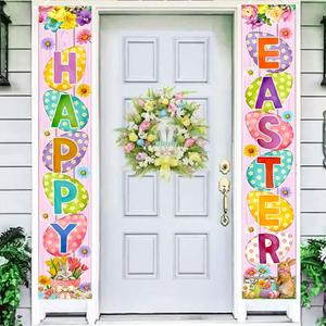Happy Easter Porch Banner with Bunny Egg tulip Party Front Door Sign Spring easter backdrops Wall Hanging Spring Decorations for Home Office Farmhouse Holiday Decor
