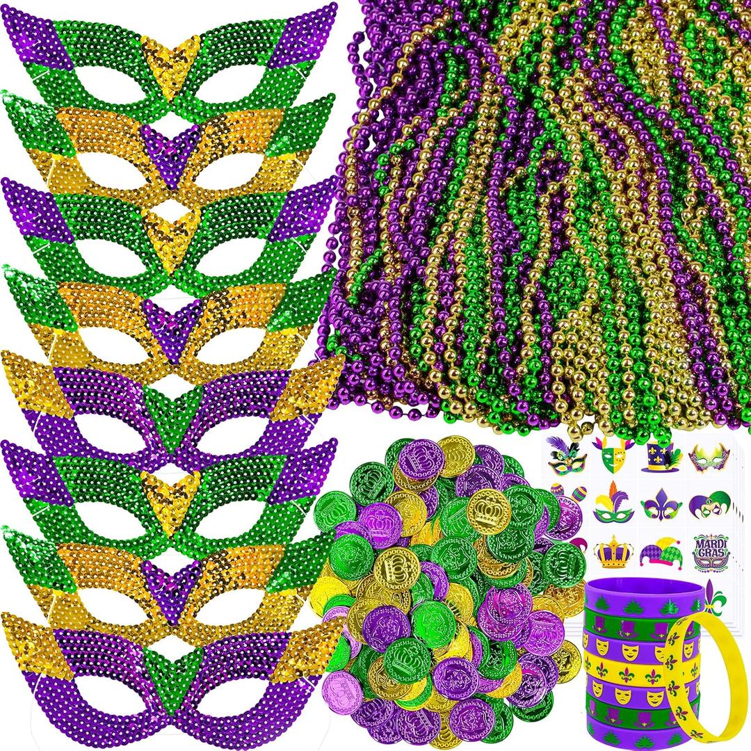 Winlyn 144 Pcs Mardi Gras Party Accessories Set Bulk Mardi Gras Bead Necklaces Masquerade Mardi Gras Coins Temporary Tattoos Rubber Bracelets for Mardi Gras Parade Masquerade Party Dcoration