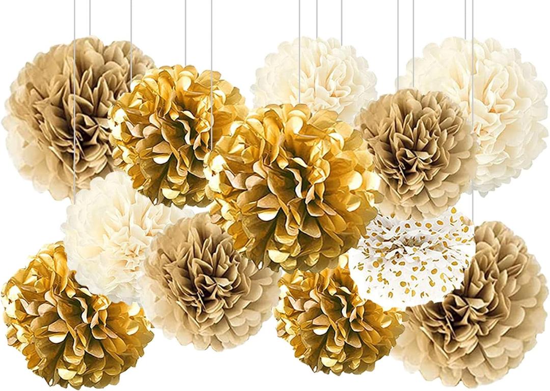 Gold White Party Decorations,12Pcs Hanging Tissue Paper Pom Poms,Pompoms Flowers for Engagement,Wedding,Birthday,Bachelorette,Bridal Shower Party Deco