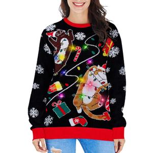 RAISEVERN Ugly Christmas Sweater for Women Light Up Knitted Pullover Xmas LED Long Sleeve Sweaters (Small, 03 Cat 02)
