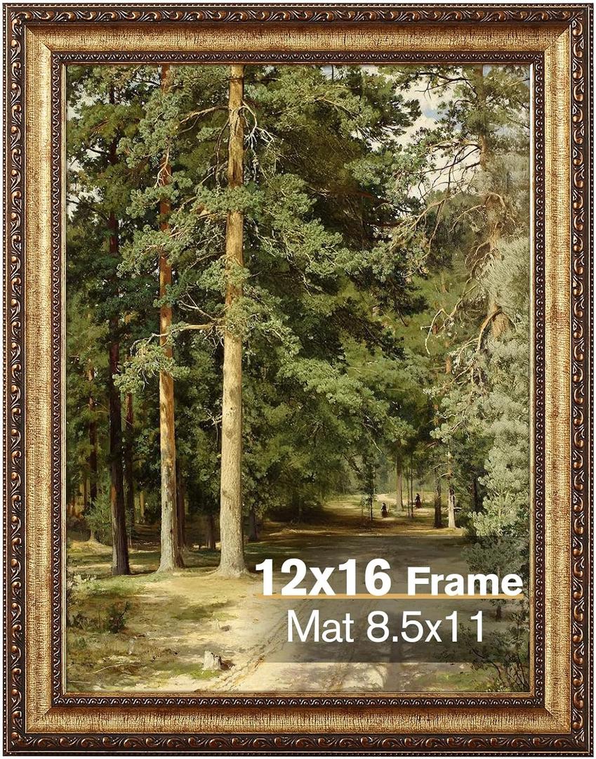 2 Pack 12x16 Gold Picture Frame, Ornate Vintage Wall & Tabletop Frame with Real Glass, Display 8.5x11 with Mat or 12x16 without Mat for Antique Decor