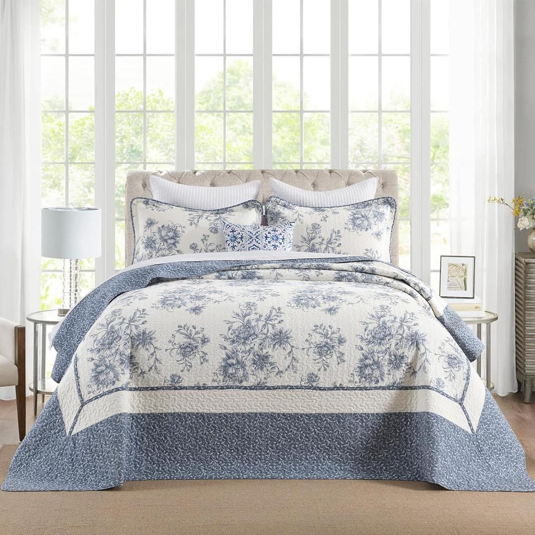 CozyStitch Floral Bedspread 120"x120" Oversized King Bedspread, 100% Cotton California King Quilt with 2 Pillow Shams, Lightweight Farmhouse Quilted Bedspreads Coverlet Set, White/Blue, 3 Pcs