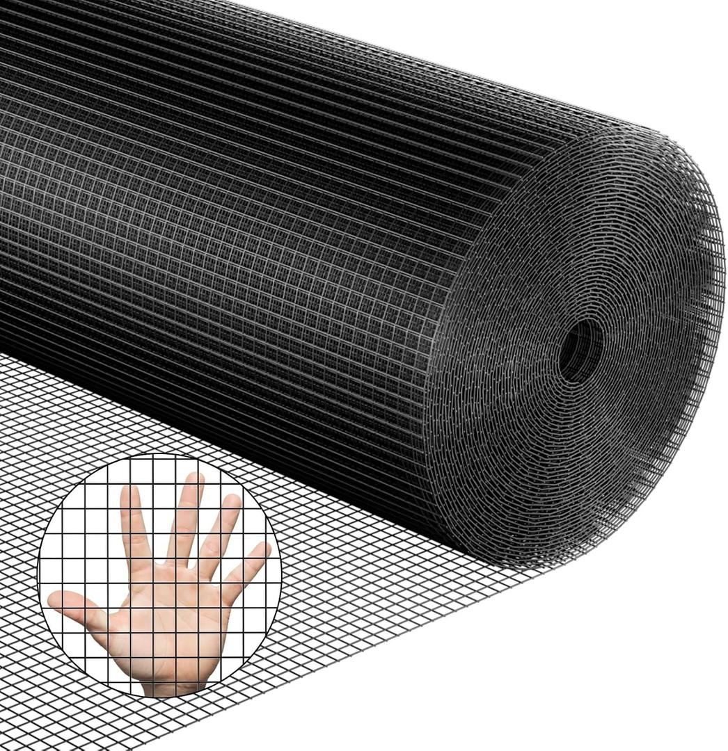 Black Hardware Cloth 48''x50' 1/2 Inch 19 Gauge Vinyl Coated Welded Wire Mesh Roll PVC Hardware Cloth Chicken Wire Fencing for Garden Fence and Home Improvement Project