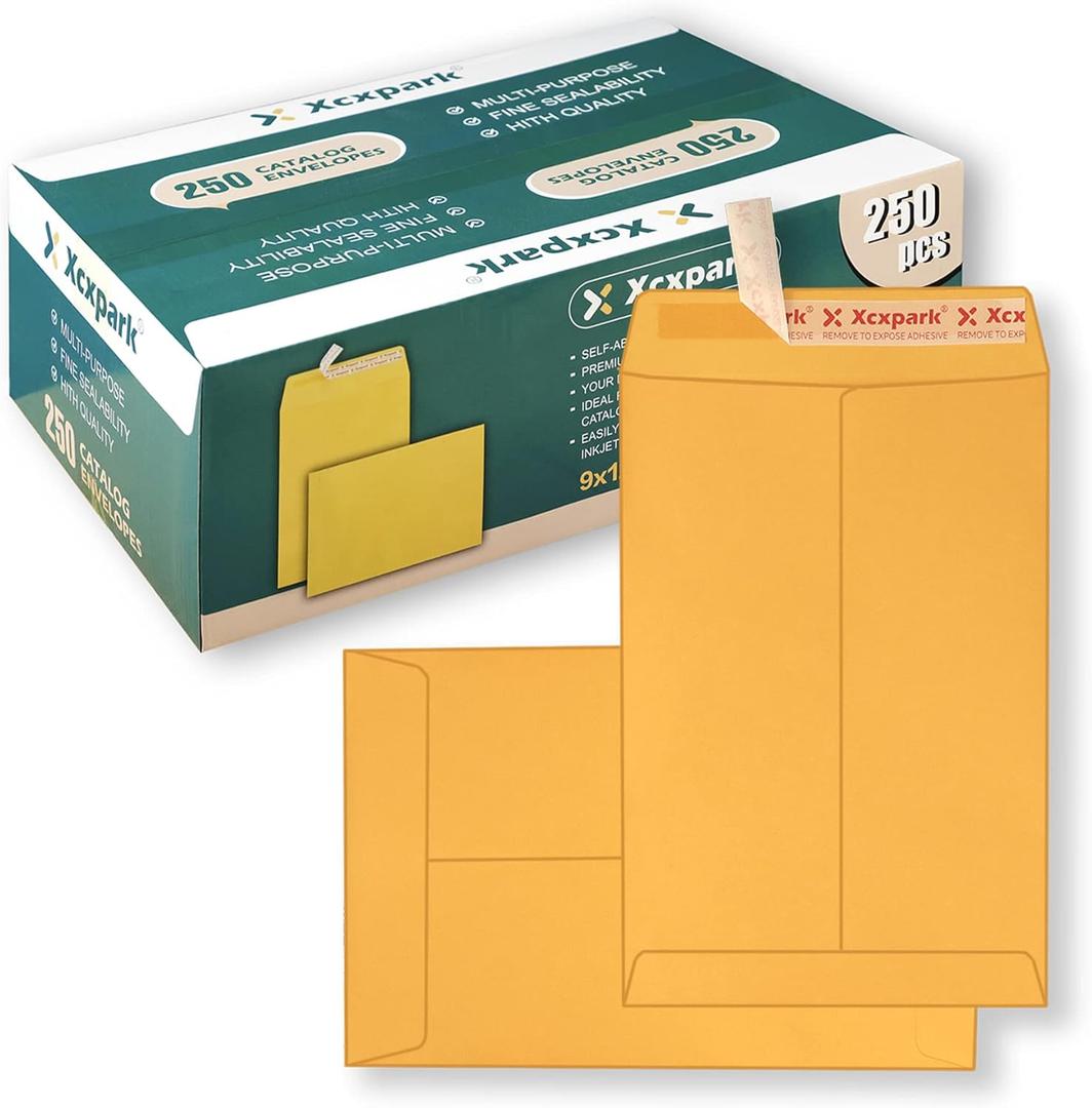 Xxcxpark 250 PCS 9x12 inches Security Catalog Envelopes Printable Self Seal Envelopes, Anti Tear brown Kraft Envelopes for Invitation Cards, Pictures, Photos, Documents