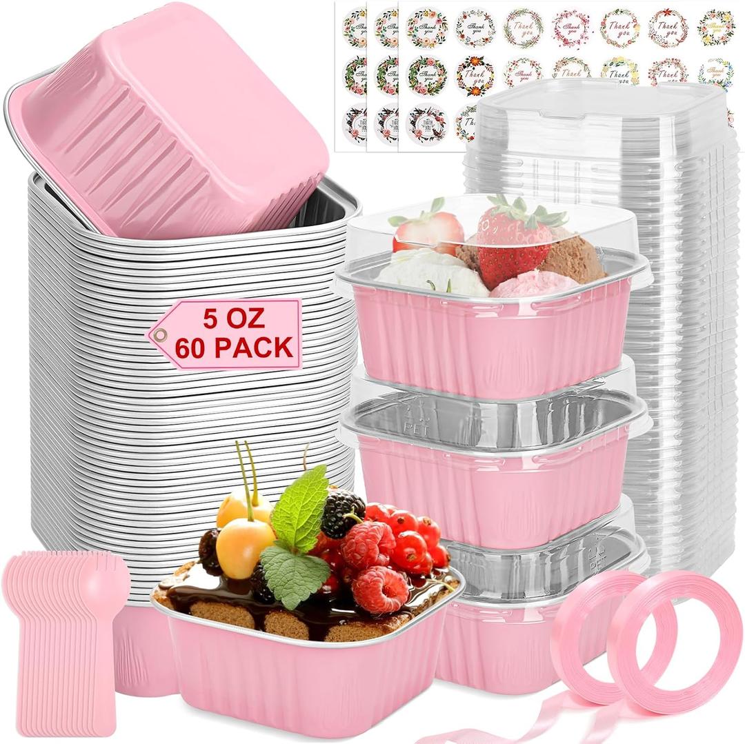 60 Pack Mini Cake Pans with Lids and Spoons, 5oz Square Aluminum Foil Loaf Pans Pink Small Cake Tins Disposable Baking Pans Dessert Cupcake Cups with Ribbon Decals for Wedding Birthday Party Picnics