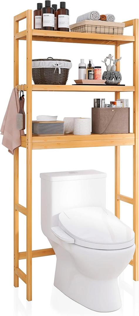 SMIBUY Bathroom Storage Shelf, Bamboo Over-The-Toilet Organizer Rack, Freestanding Toilet Space Saver with 3-Tier Adjustable Shelves (Natural), 10.2D x 24.8W x 67H in