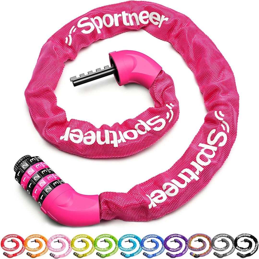 Sportneer Bike Lock: 5 Digit Combination High Security Anti Theft Bike Chain Lock - 3.2/3.6/4ft Heavy Duty Keyless Bicycle Lock for Bike, Motorcycle, Scooter, Door & Gate - 4/6mm Thick, Easy to Use (Rose Red)